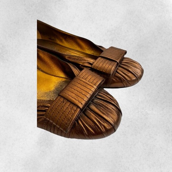 Pleated Bronze Salvatore Ferragamo Flats with Bow - Picture 2 of 8
